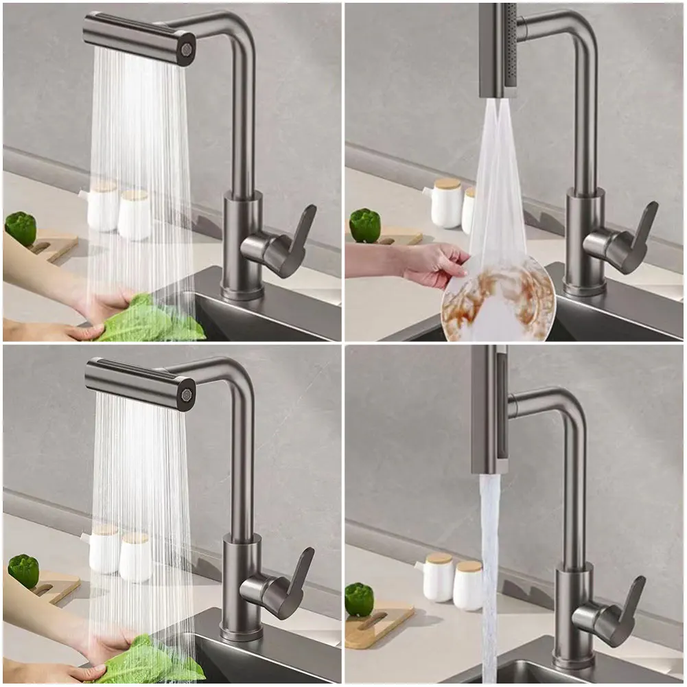 

Stainless Steel Kitchen Faucet W/ 4 Water Flow Modes Kitchen Sink Mixer Tap Retractable Pull-Out Kitchen Faucet for Kitchen Sink