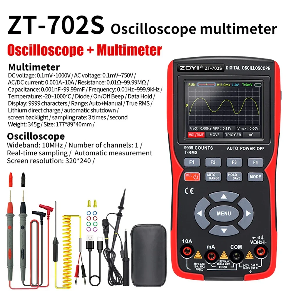 2 in 1 Digital Oscilloscope Multimeter 48MSa/s Sampling Rate 10Mhz Bandwidth 9999 Counts True RMS 2.8inch IPS Display Multimetro