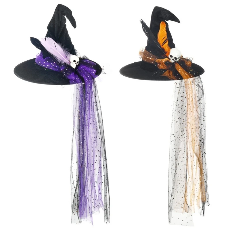 Cool Witch Hat Veil Tulle for Women Men Teenagers for Halloween Party Sequins Skull Novelty Wizard Cosplay