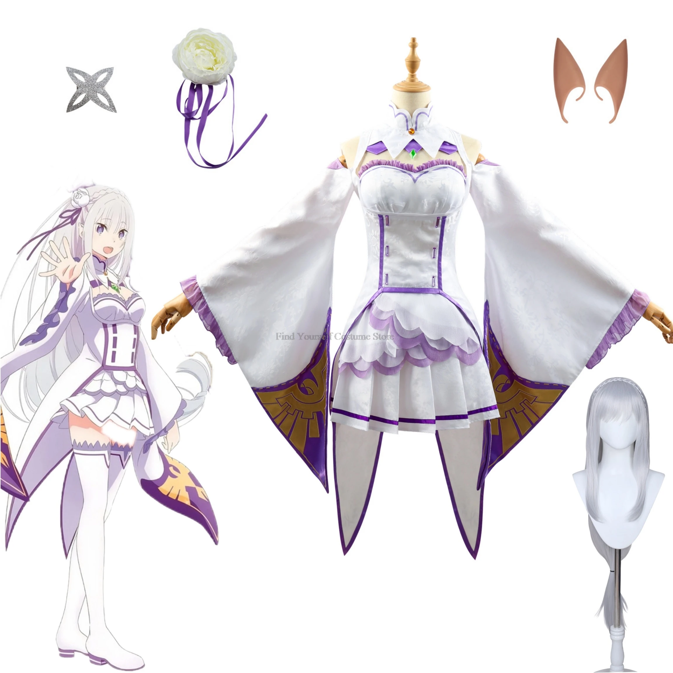 Re Zero Kara Hajimeru Isekai Seikatsu Emilia disfraces de Cosplay, peluca, oreja de elfo, vestido de mujer con tocado para fiesta de Halloween