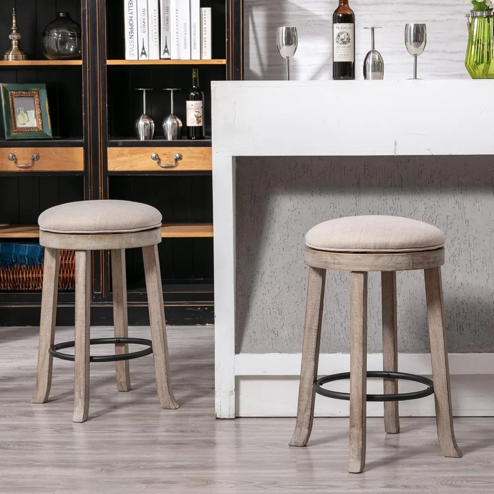 French Vintage Swivel Bar Stools Set of 4, 26” Counter Height Stools, Fabric Armless Barstool with Rubberwood Legs