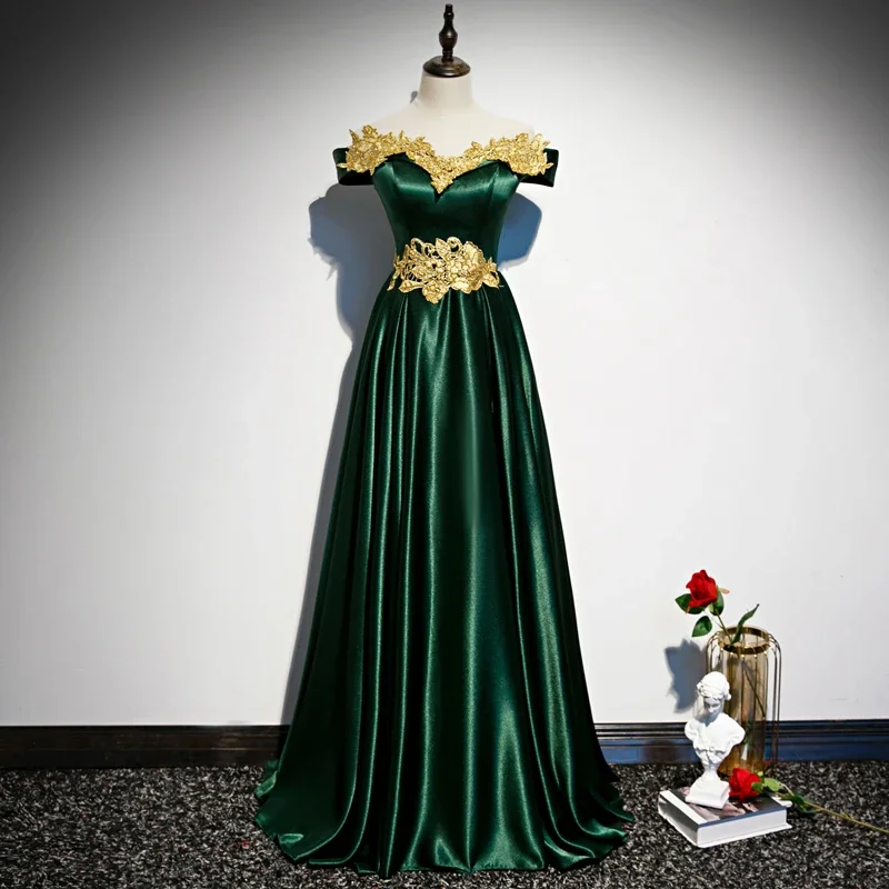 

Customized Evening Dress Green Satin Appliques A-line Floor-length Off the Shoulder Plus size Party Formal Gowns Woman R1487