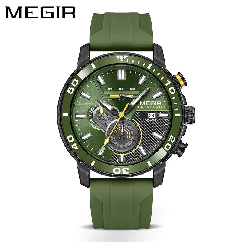 MEGIR 2224 Men Quartz Watch Sport Fashion Creative Cool Orange Silicone Strap Chronograph Luminous Date Wristwatch for Male