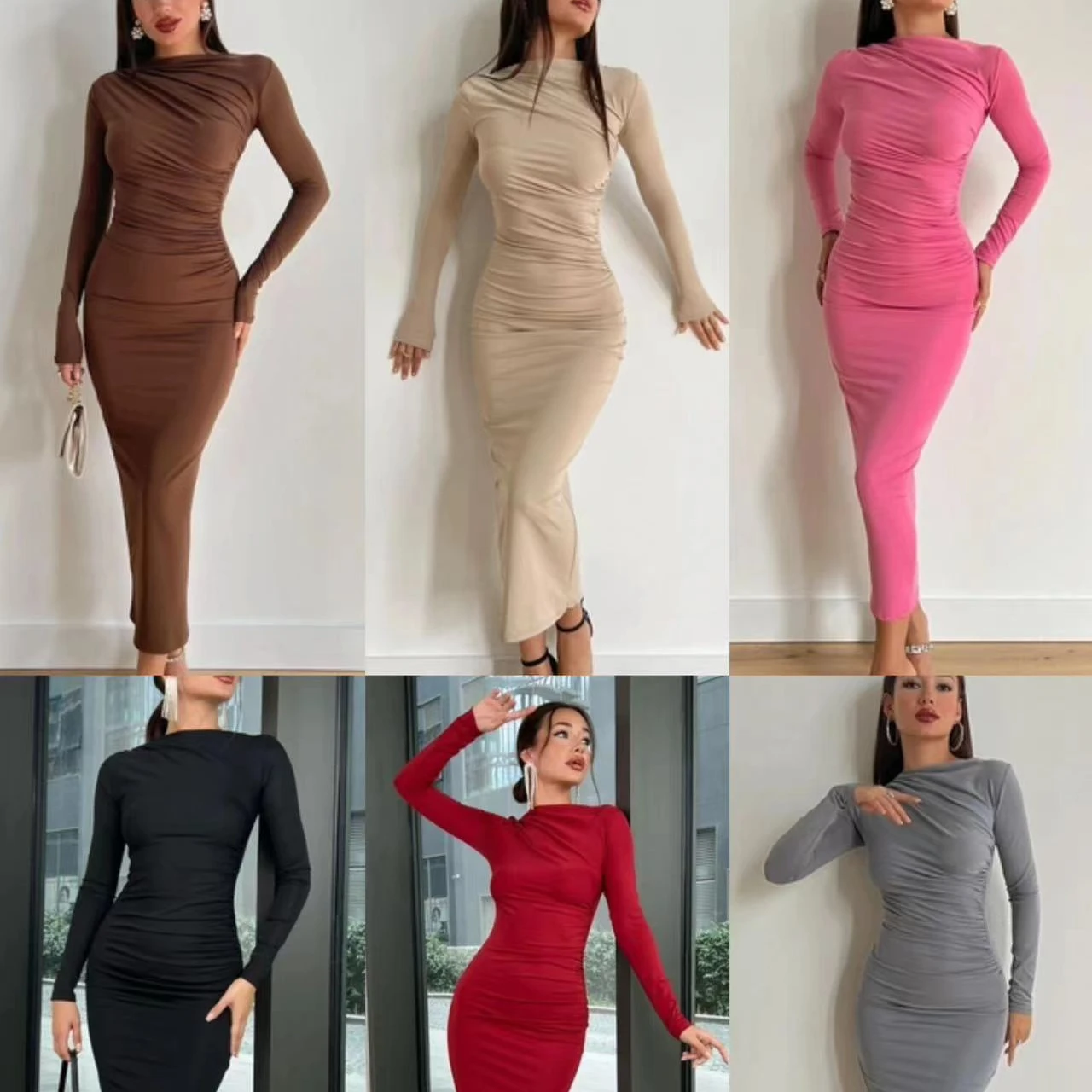 

European and American Style High Lady Pencil Dress Solid Color Back Zipper Fly Long Sleeve Slim Hips Female Long Skinny Dresses