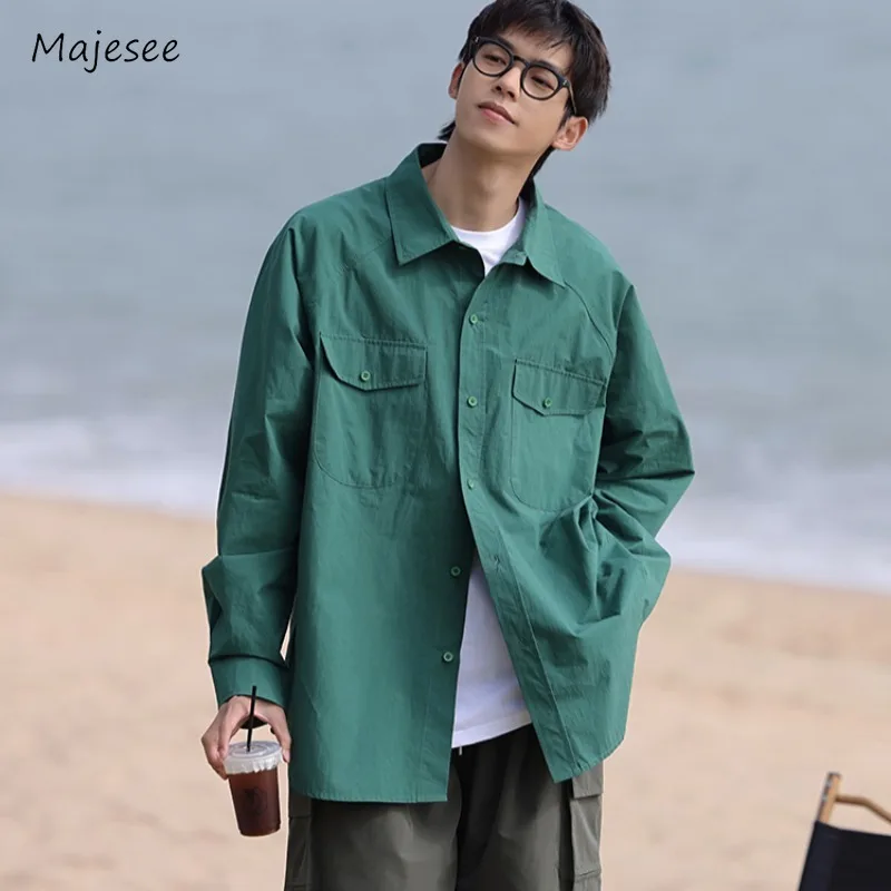 

Casual Shirts Men Solid All-match Loose Long Sleeve Autumn Outwear BF Pockets Tops Korean Fashion Teens Streetwear Camisas Chic