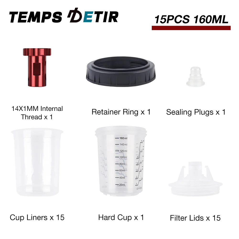 15 قطعة من أكواب خلط الطلاء الخاصة بمسدس الرش، خزان مسدس الرش السريع H/O سعة 5.6 أونصة/160 مل، كوب طلاء يمكن التخلص منه مع محول كأس مسدس الرش M14