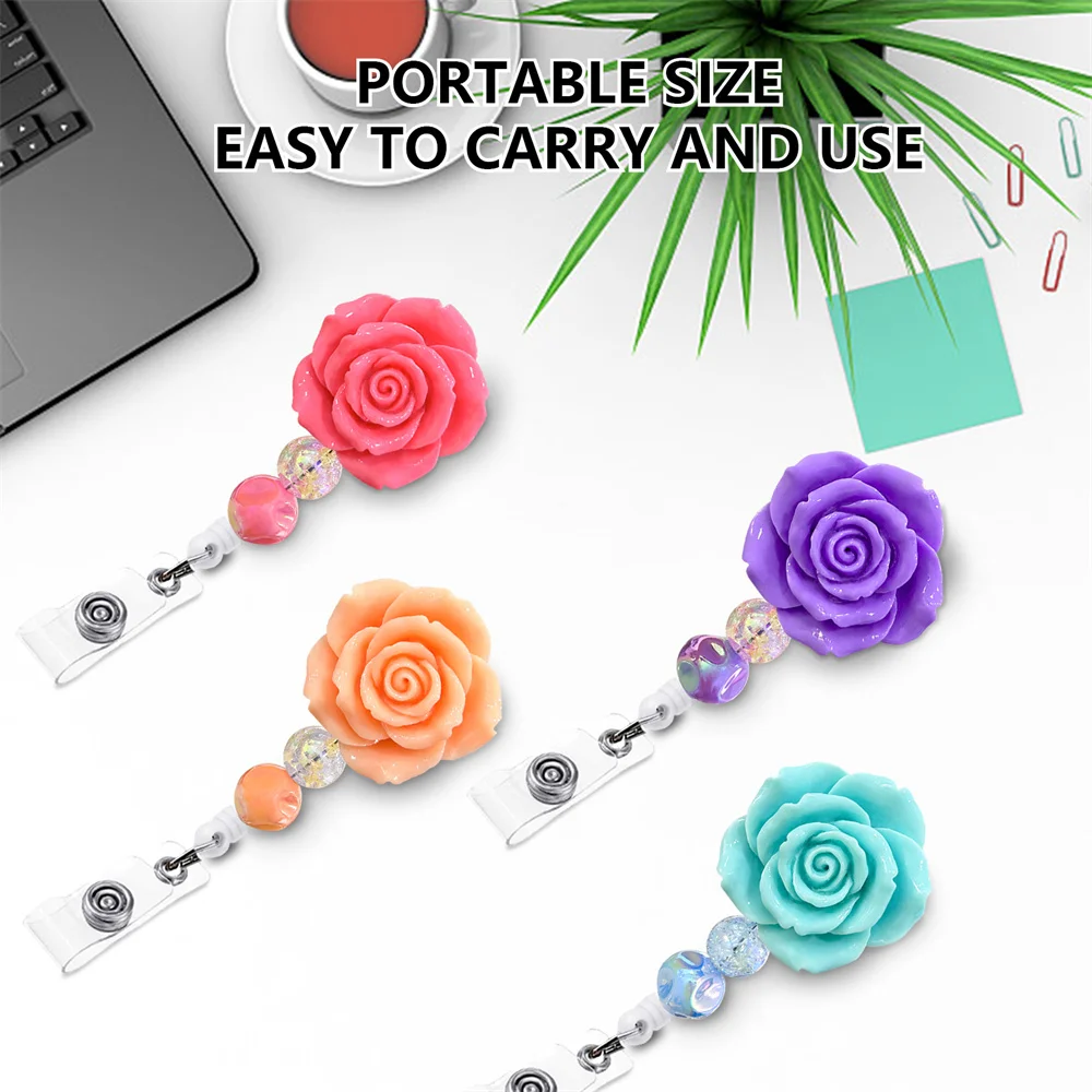 Roses Beaded 360° Rotation Retractable Badge Reel Nurse Display Id Name Card Badge Holder Anti-Lost Clip Valentine's Day GiftS