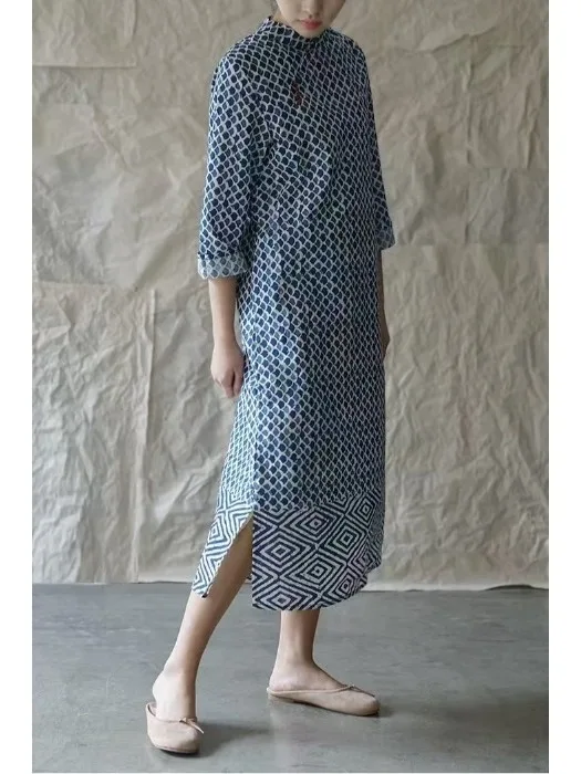 Artistique n coton lin Dr Zen ethnique Sle thé Costume taille ample longue Sve jupe trapèze pour tenue décontracté