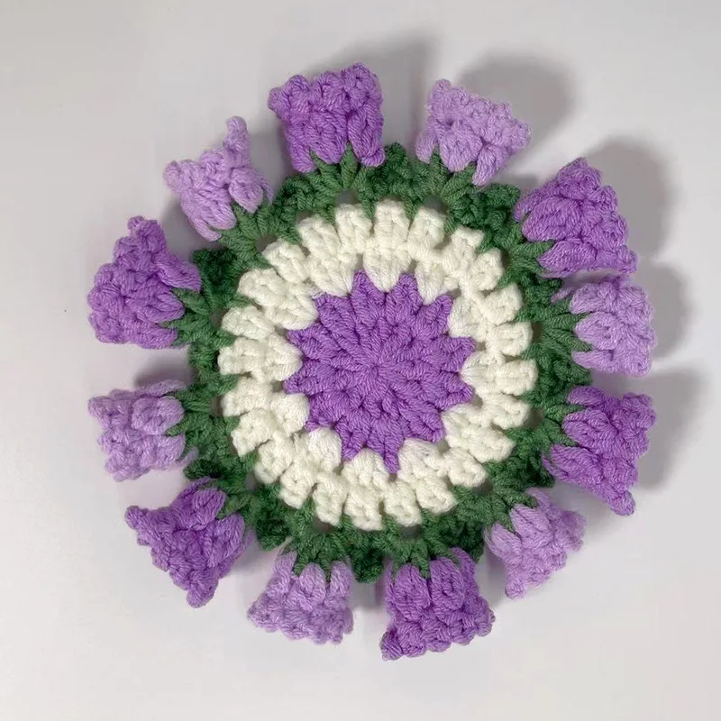 Fertige gewebte Glockenblumen-Tassenuntersetzer, hübsche gestrickte Rosenblumen-Kaffeetassenuntersetzer, gehäkelte Untersetzer mit Pflanzenmotiv – Detail 3