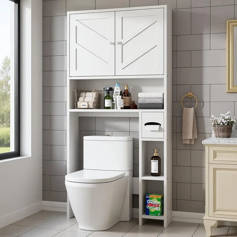 

Over Toilet Storage Cabinet with Barn Door, White - Includes Toilet Paper Holder, Adjustable Shelves and Anti-Tip Feature
