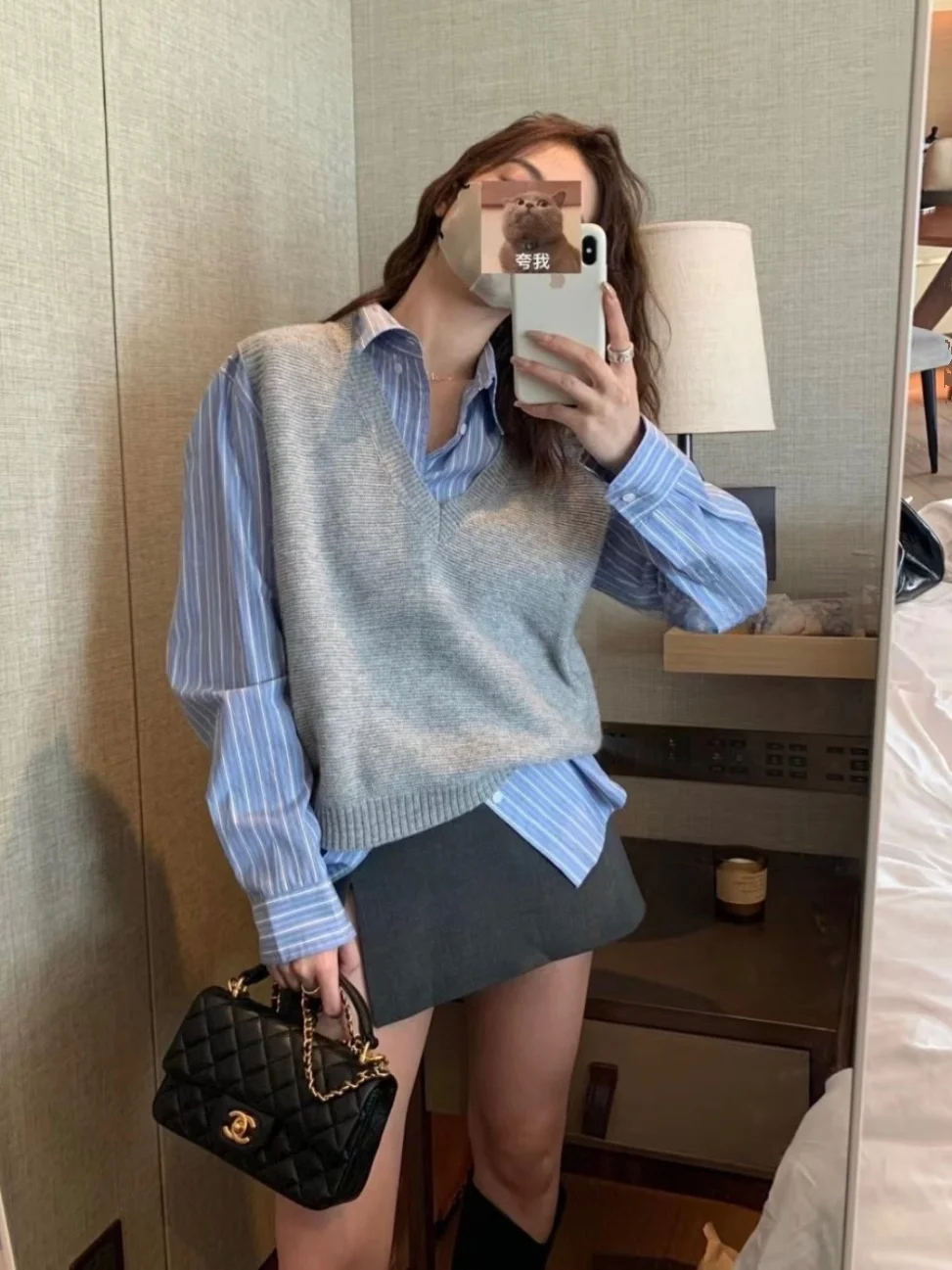 

Spring Versatile Loose V-Ne Overhead Sweater Vest Layering Knitted Tank Top oulder ey Commute Sle Pure Color Fem Vest