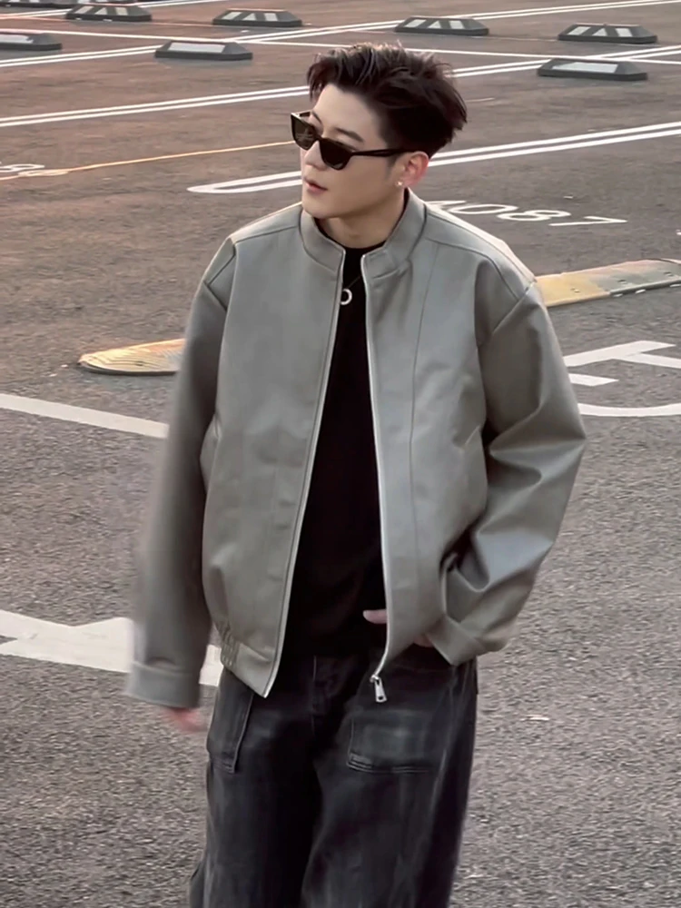 

Retro Biker Sle Stand Collar Leather Jaet Men's Spring Autumn American Workwear Flight Jaet Deconstructed Baseball Coat