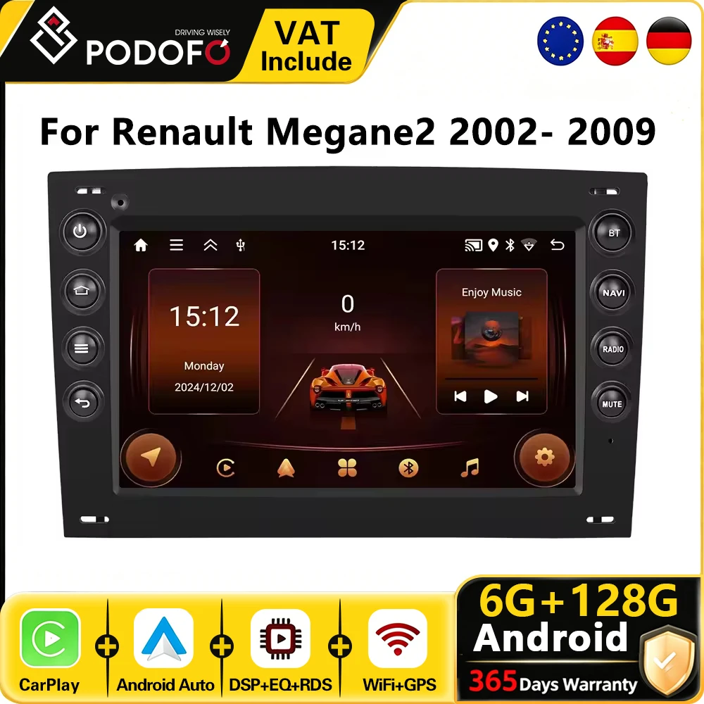 Autoradio Android Podofo con CarPlay per Renault Megane 2 2002-2009, Sistema Intelligente 2din, Ricevitore GPS Stereo, Lettore Multimediale per Auto, RDS, Navigazione, Unità di Controllo sul Cruscotto