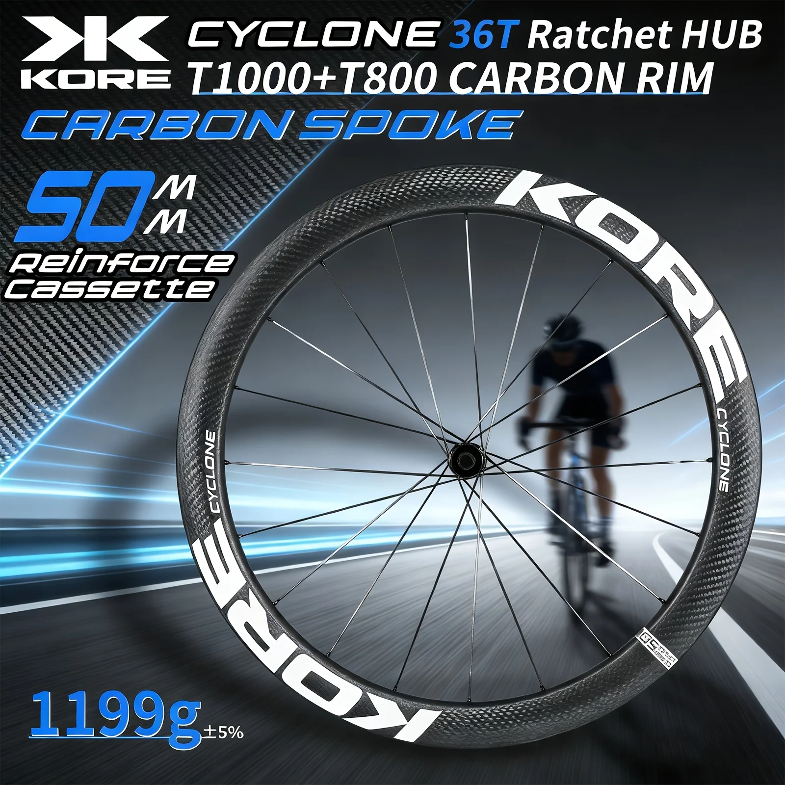 

KORE CYCLONE 50mm Carbon Wheelset T1000+T800 Aero Spokes 36T 1159g