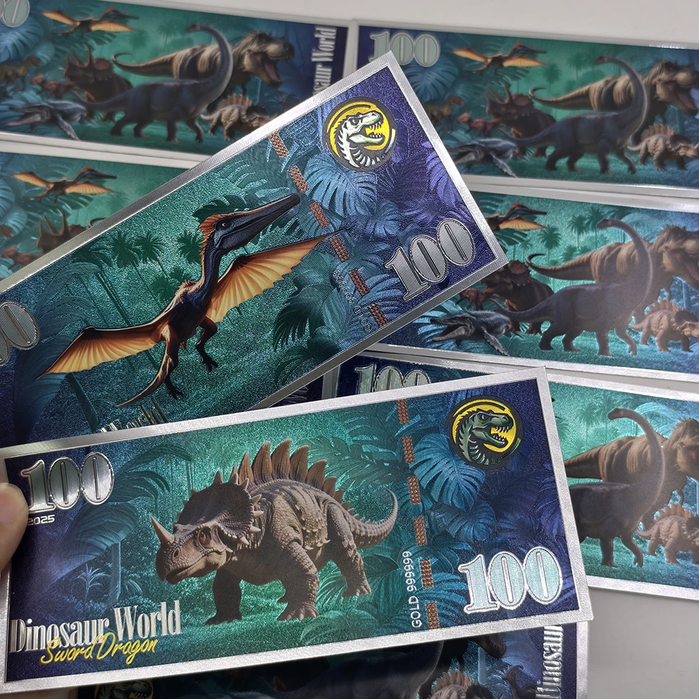 

9pcs/set New 2025 Dinosaur World Silver Banknote Tyrannosaurus 100 Plastic Banknote Souvenir For Home Collection Decorative Gift