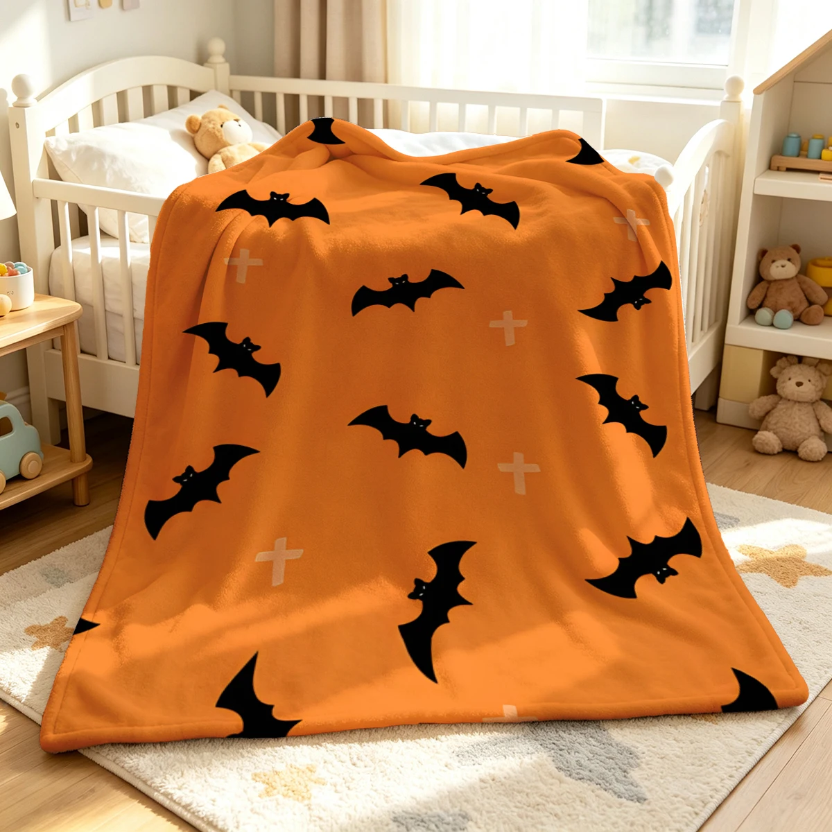 Orange Bat Crosses Flannel Blanket Warm Soft Halloween Christmas Decorative Couch Warm Cozy All-Season Gift