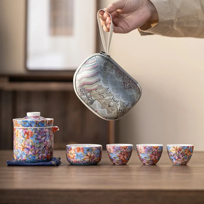 Multicolor Flower Colorful Tool Gift Enamel Travel Tea Set Light Luxury Tea Cup Outdoor Travel Ceramic Mug One Pot Four Cup Set