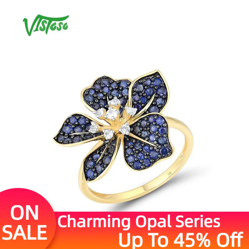 

VISTOSO Pure 9K 375 Yellow Gold Rings For Women lab Created Sapphire White Topaz Blooming Flower Anniversary Gifts Fine Jewelry
