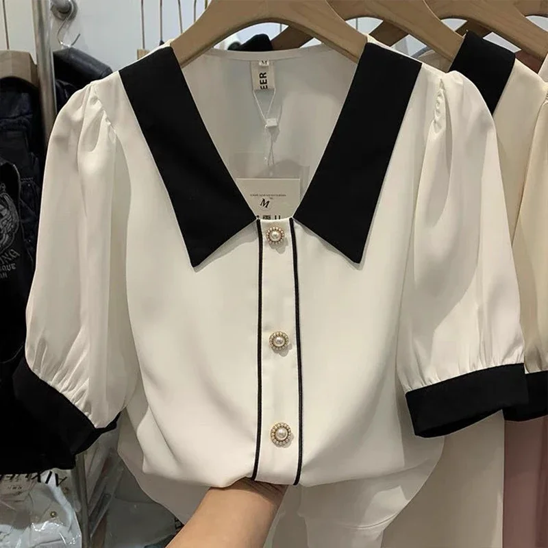 

Doll Collar Contrasting Chiffon Shirt for Women's Short Sleeved Summer New Pullover Stylish Age Reducing Temperament Shirt Top
