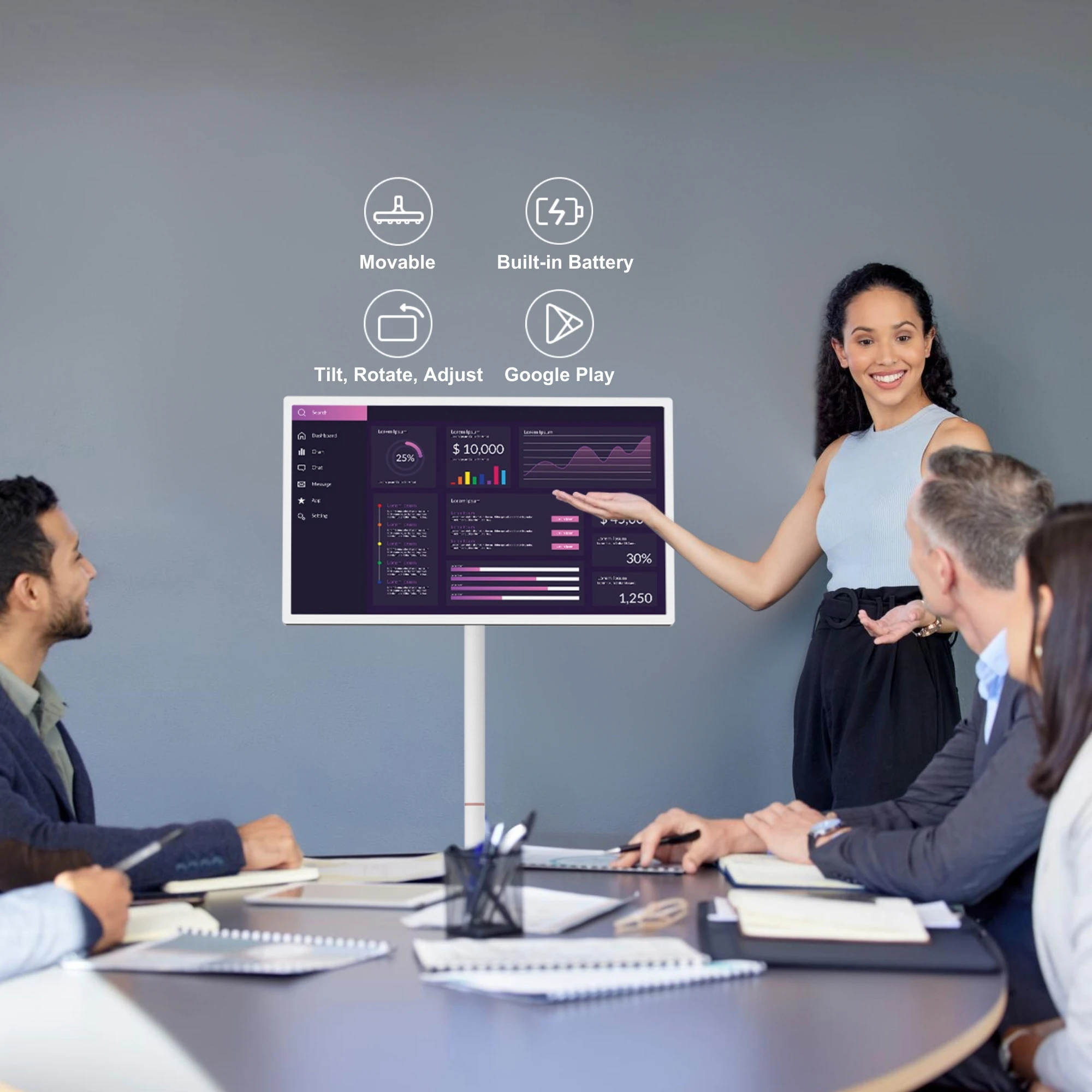 

ELC 32-Inch 4K Portable Android 13 Tablet Touch Screen TV Movable Charging Display Wheels for Business Digital Signage Displays