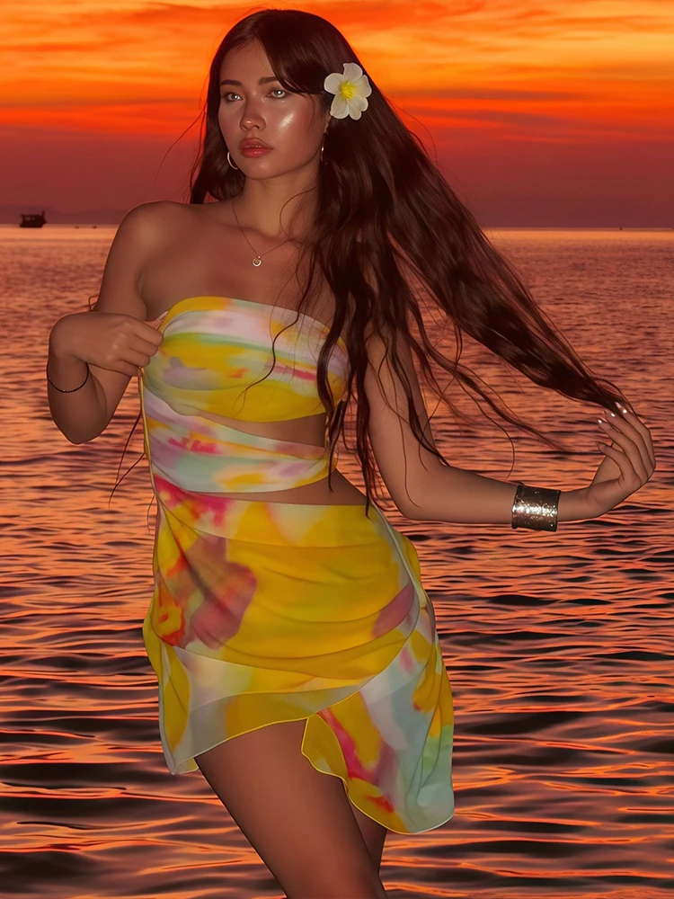 Tie Dye Print Women Mini Dress Colorful Stacked Pleated Strapless Hollow Waistless Irregular Vestidos Female Holiday Frock