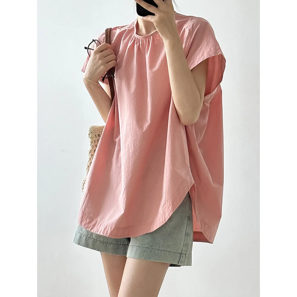 Korean Version Round Neck Wrinkled Short Sleeved Shirt for Women's 2024 Summer Doll Shirt Casual Versatile Small Shirt