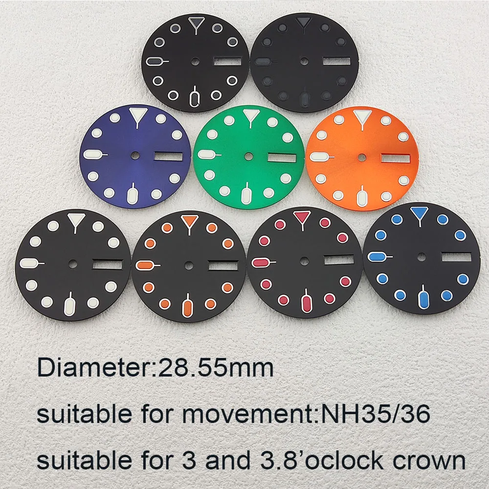 NH36 dial 28.55mm green Luminous  blue Luminous NH36 watch dial suitable for NH35/NH36 movement watch parts