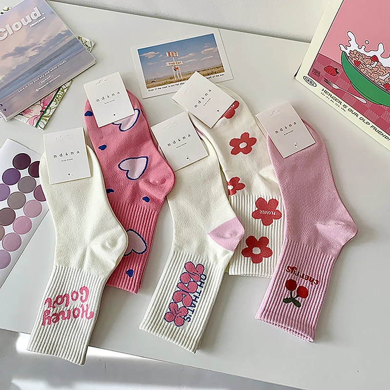 Pink Flower Women Socks Fashion Cute Sweet Harajuku Cotton Socks Casual Korea Japanese Kawaii Girls Calcetines