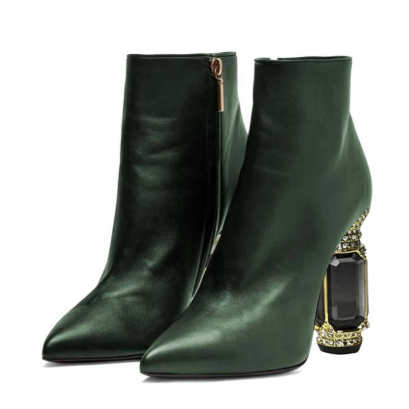 DIZHUANG shoes Fashionable women's high-heeled boots. About 10.5cm heel height. Dark green ankle boots. Crystal heel. size:34-45