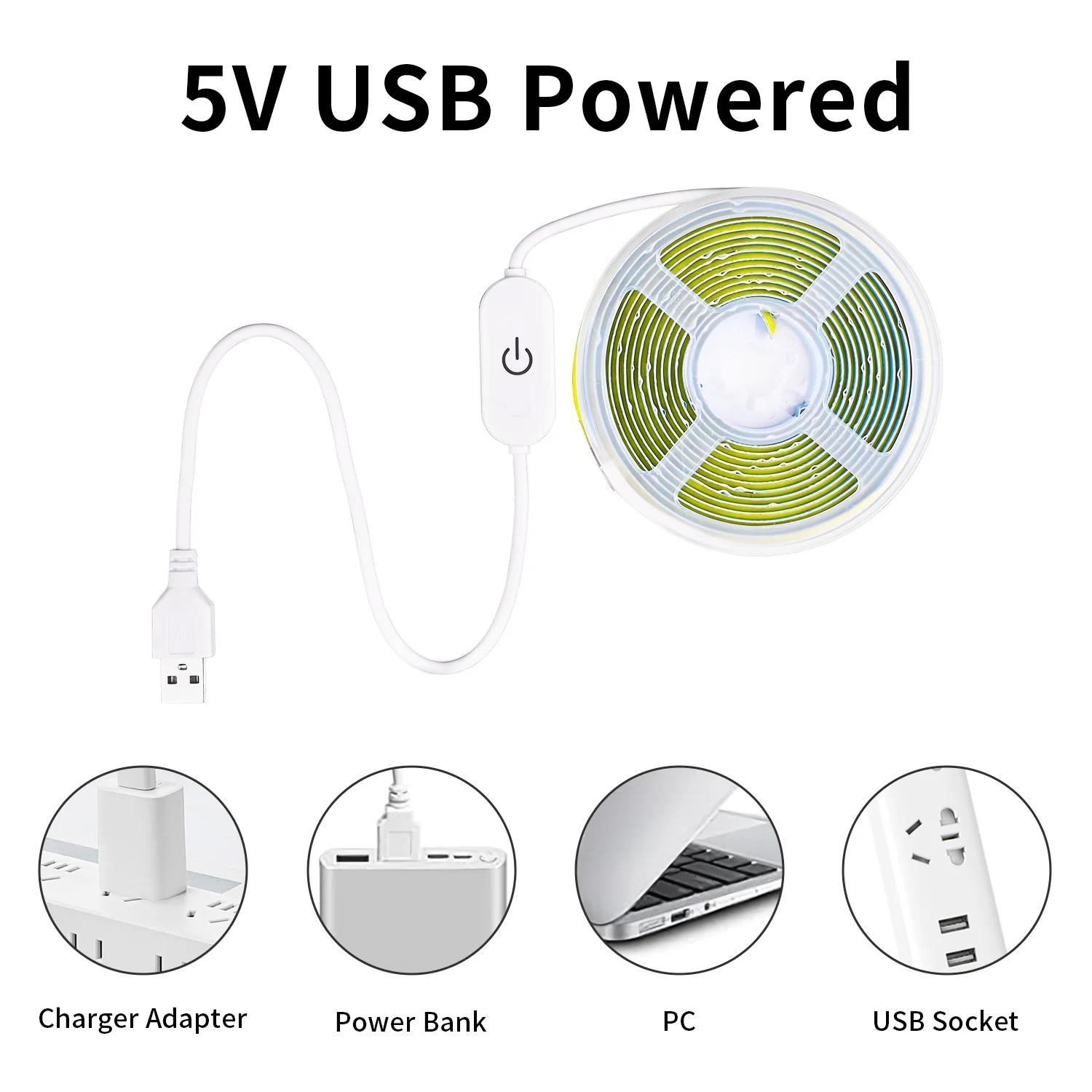 5V USB COB LED Strip Light Touch Dimmer 320LEDs/m Flexible LED Ribbon Tape 3000K 4000K 6500K Indoor Room LED Linear Lighting