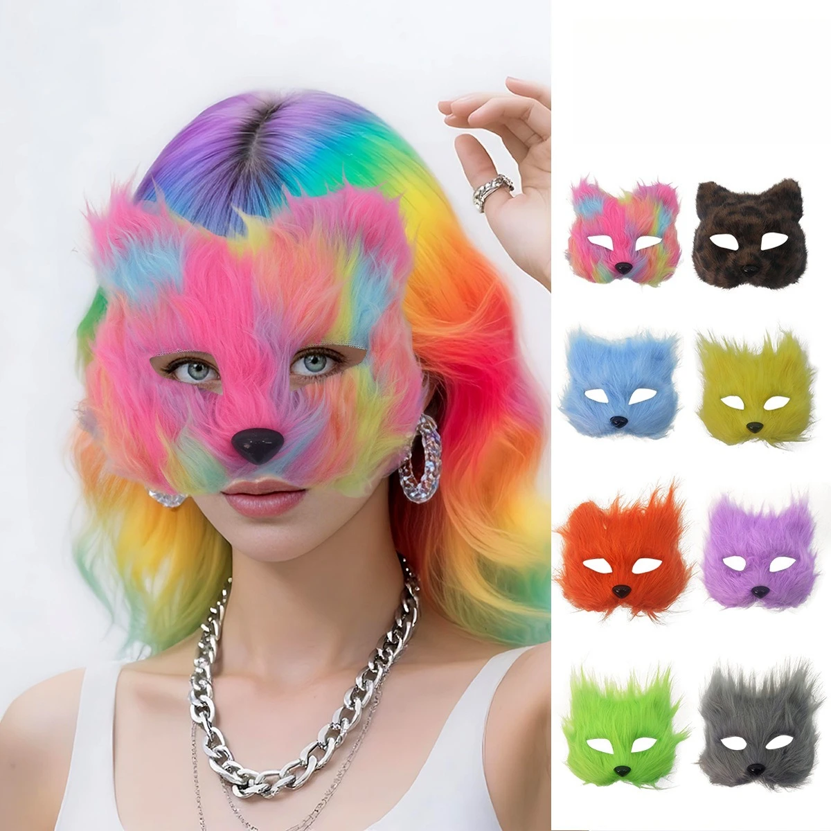 Halloween Cosplay Half Face Fire Cat Mask Simulation Fluffy Fox Costume Party Costume Props Party Fun Cosplay Mask Props