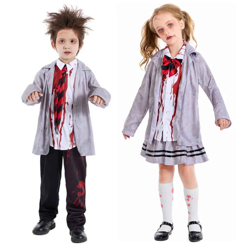 Terreur Bloedige Zombie Kostuum Student Pak Voor Jongens Meisjes Horror Enge Vampier Halloween Purim Carnaval Feest Cosplay Fancy Dress