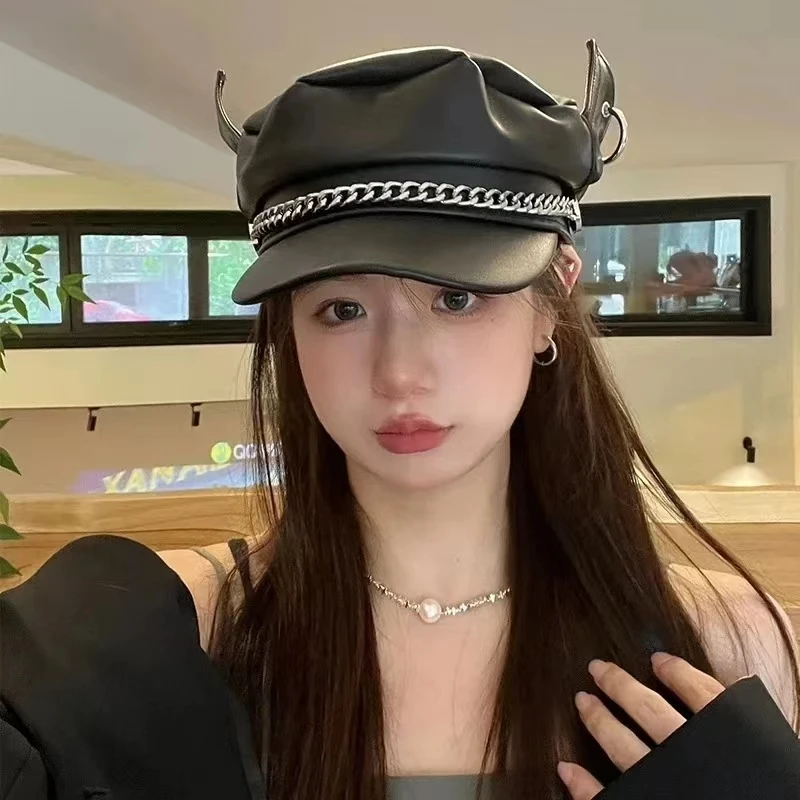 2026 Women's Demon Horn Ear Beret PU Leather Retro Newsboy Hat Korean Street Fashion Autumn Winter Personality Hat