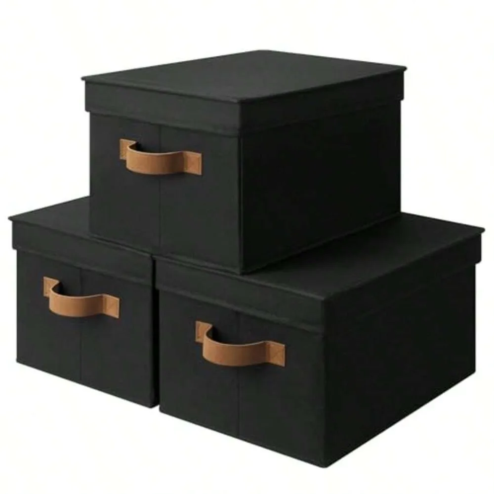 Black Storage Bins with Lids, Foldable Stackable Fabric Boxes with PU Handles, Large 3-Pack for Closet Shelves, Bedroom, Living Room Garage Organizer