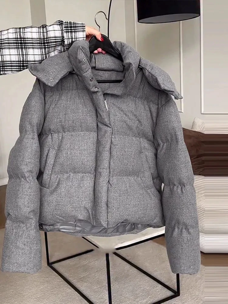 Womens Chic Grey Faux Fur Collar Puffer Coat Zip Up Loose Fit Pockets Jacket Autumn Winter Daily Work Streetwear Trendy Wear