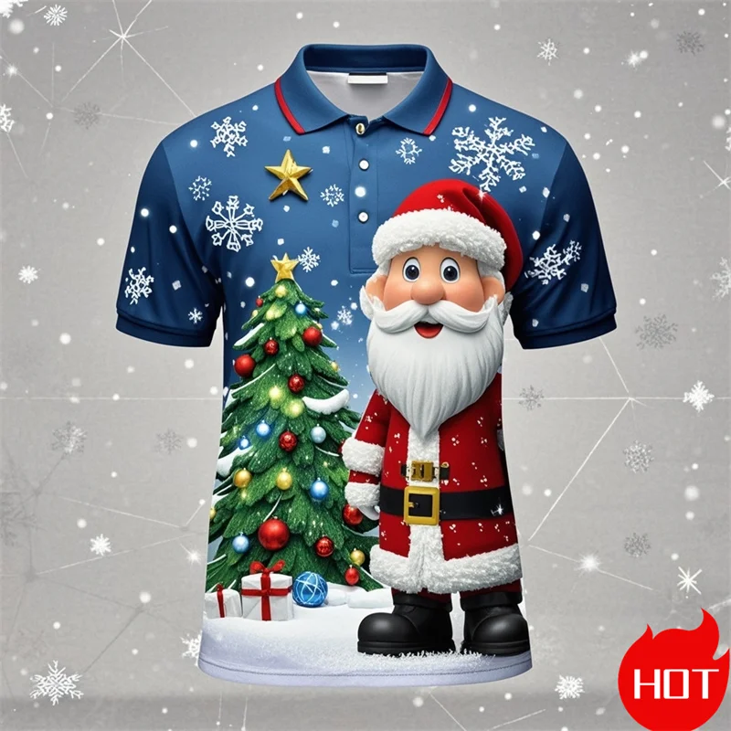 2025 New Santa Claus Christmas Tree 3D Printed Polo Shirts For Men Clothes Harajuku Fashion Man Streetwear Xmas Boy Short Sleeve