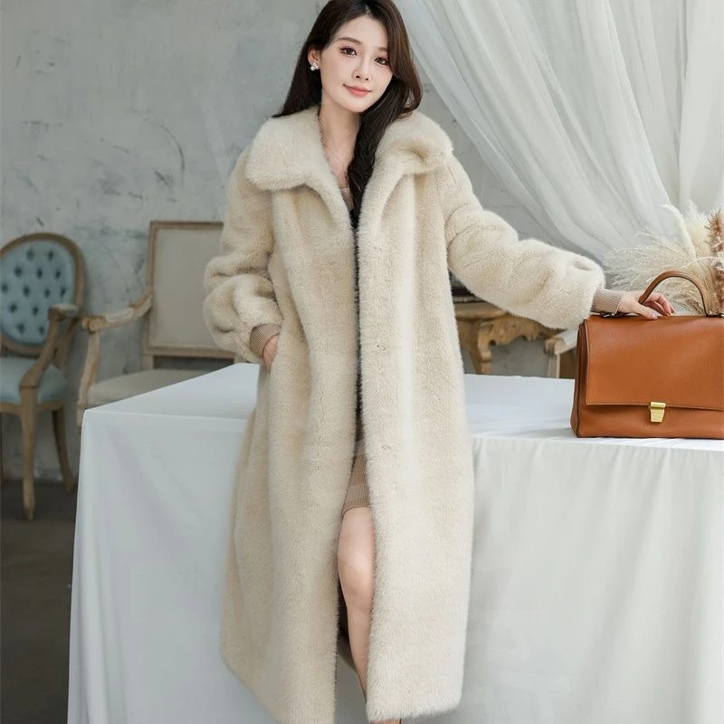 2024 New Imitation Mink Velvet Eco-friendly Fur Coat Female Long Style Thickening Type Loose Preppy Overcoat Trench Coat Winter