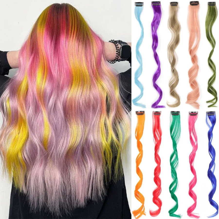 Extensions de cheveux synthétiques bouclés colorés pour filles, postiche longue à un clip, mèches de fête multicolores, pièce de perruque, femmes et enfants