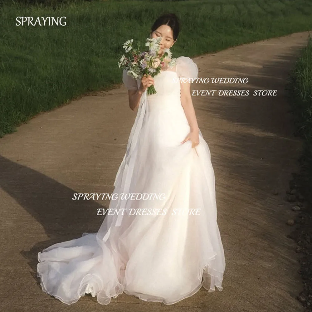 

SPRAYING Ivory Organza Wedding Photo Shoot Dresses Strapless Puff Sleeves Floor Length Korea Bridal Gown Corset 웨딩드레스 Customized