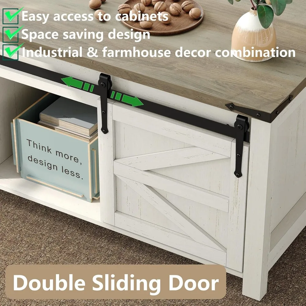 47.3''Lift Top Coffee Table, Farmhouse Center Table with Large Storage & Sliding Barn Doors, Modern Rectangular White Cocktail T