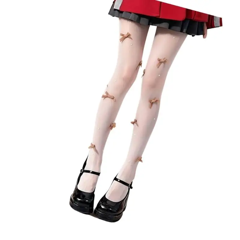 652F High Waist Pantyhose Sheer Silk Stockings Students Girls Thigh High Stockings Sparkly Bows Pearls Tights for Women Girls
