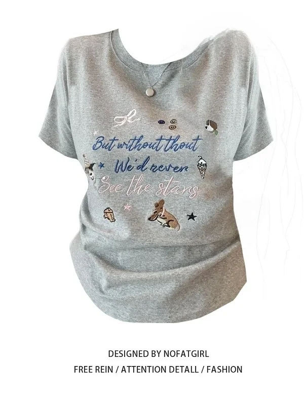 

plus Size Women's American Retro Embroidery Short Sleeve T-Shirt Slimming Waist Design Summer Fashionable Top for All Body Types