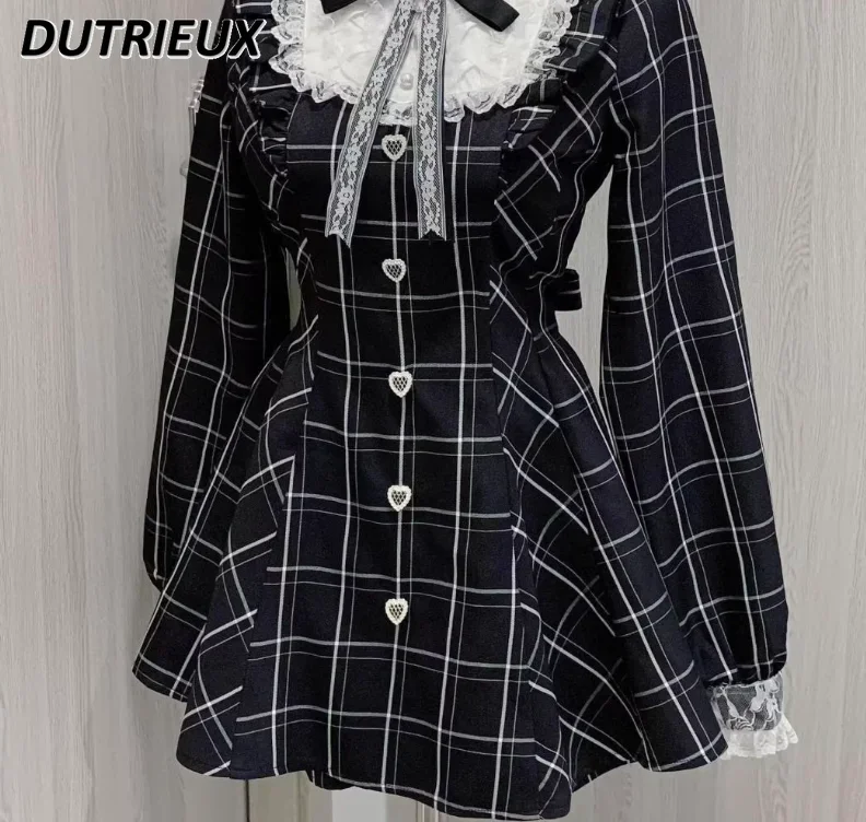 Spring Autumn Women\'s Dresses Japanese Style Retro Plaid College Uniform Bow Splicing Lace Waist Slim Long Sleeve Dress for Lady