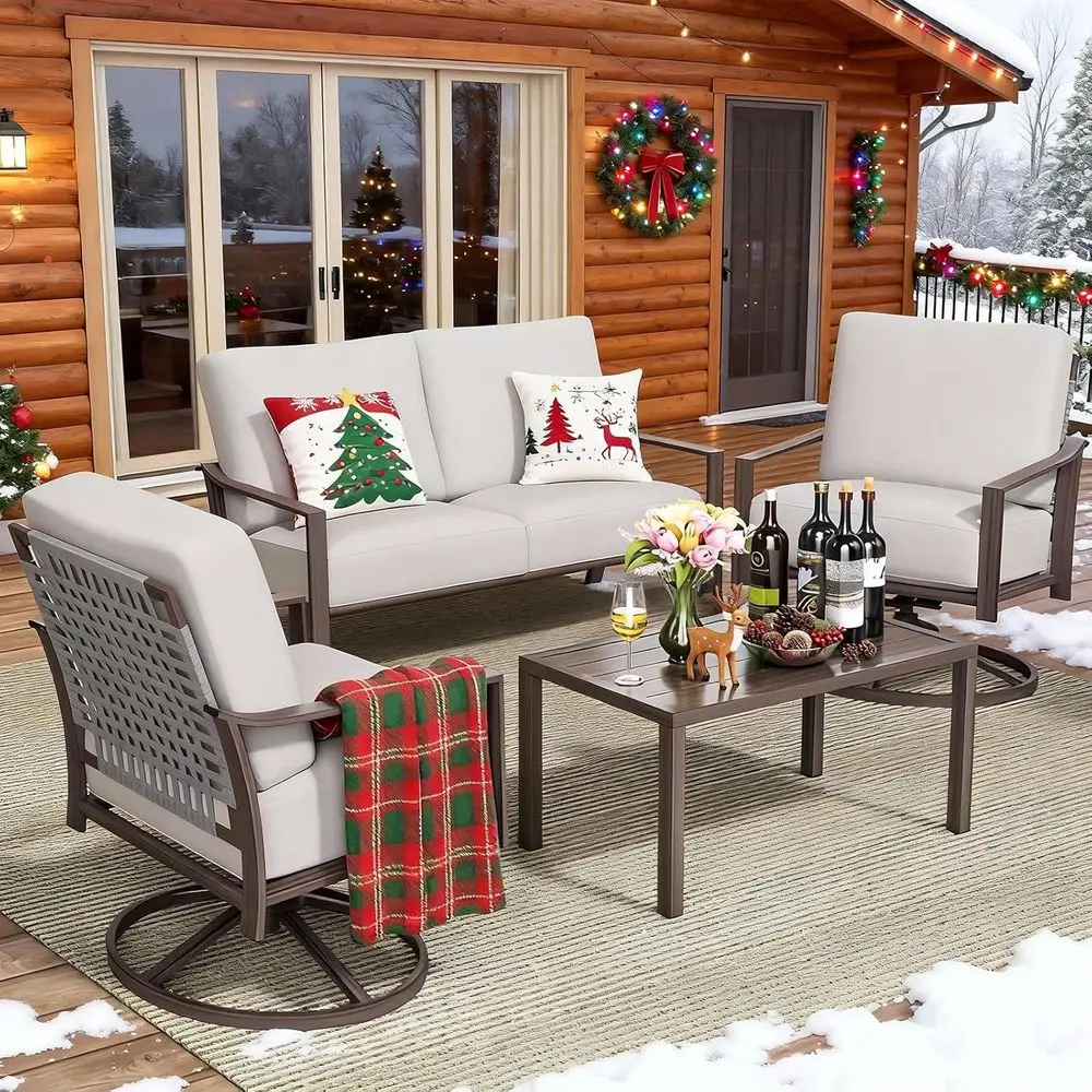 

4-Piece Outdoor Wicker Furniture Set: High-Back Swivel Rocking Chairs, Loveseat, Metal Table with 5.5 Cushions