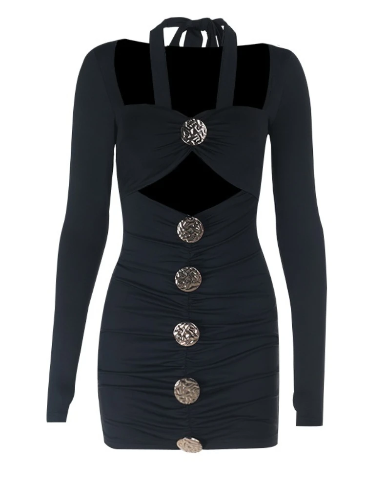 SsTss Women Fashion Halter Neck Long Sleeve Mini Dress Solid Low Cut Metal Button Detail Hollow Out Ruched Bodycon Sexy Dress