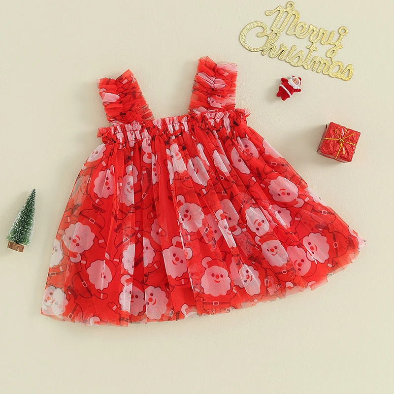 Vestido feminino sem mangas de fantasia de Natal com estampa de Papai Noel e boneco de neve vestido evasê de tule para festa de feriado