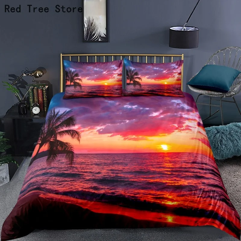 

Bright Sunset Sunrise Duvet Cover Set Beach Landscape 3d Bedding Set Microfiber Home Textile Art Style Kids Twin Full Bedclothes