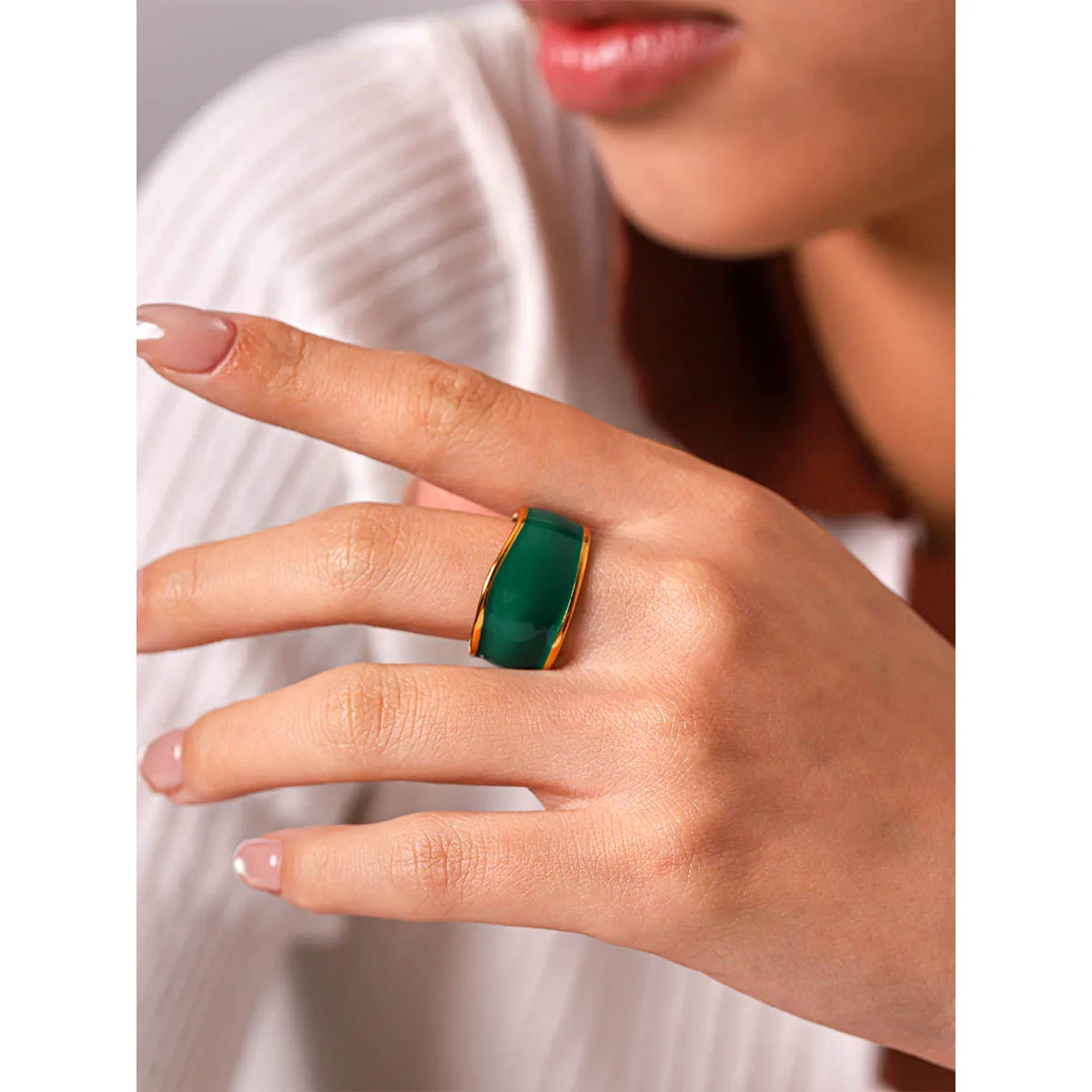 

Green Enamel Wide Band Statement Ring 18K Gold PVD Plated 316L Stainless Steel Daily Wear Jewelry Gift For Women
