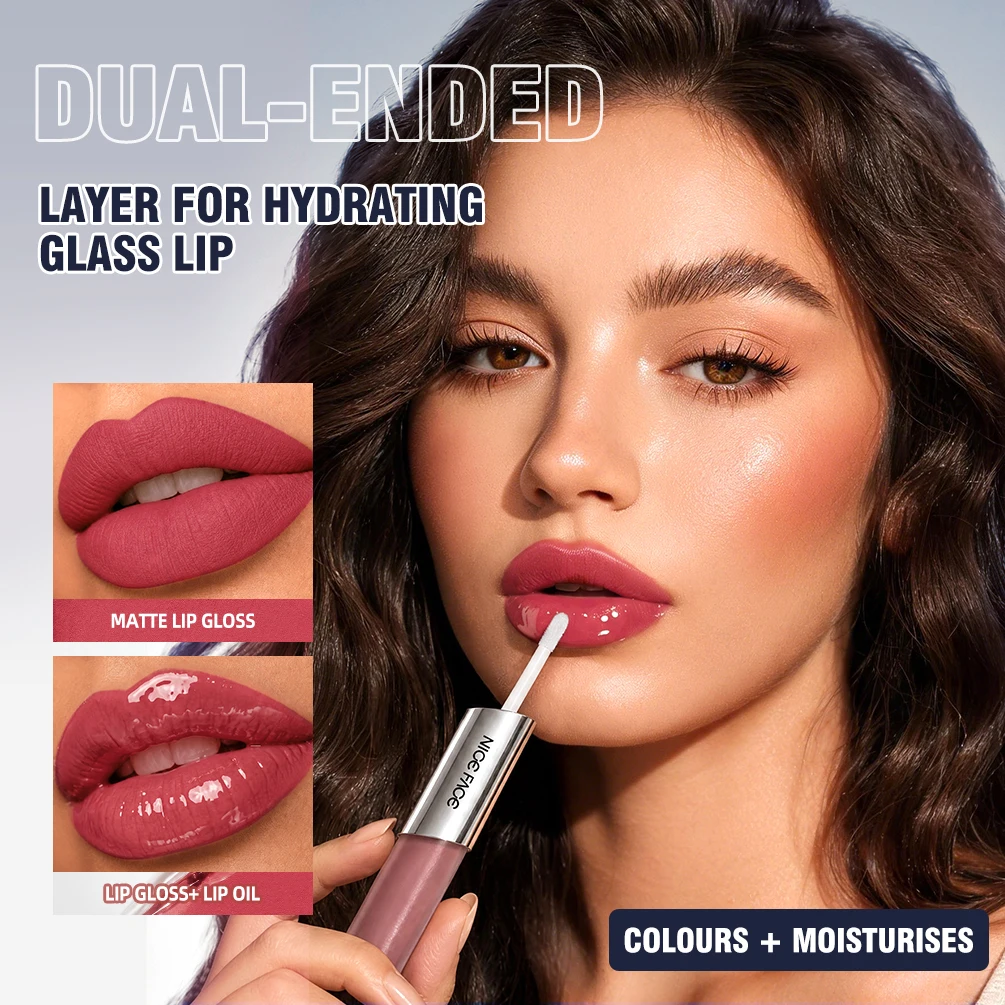 NICEFACE Double Head Matte Lip Gloss & Lip Oil Lasting Waterproof Lip Tint Glass Lip Finish Makeup Hydrating Plumping Lip Balm