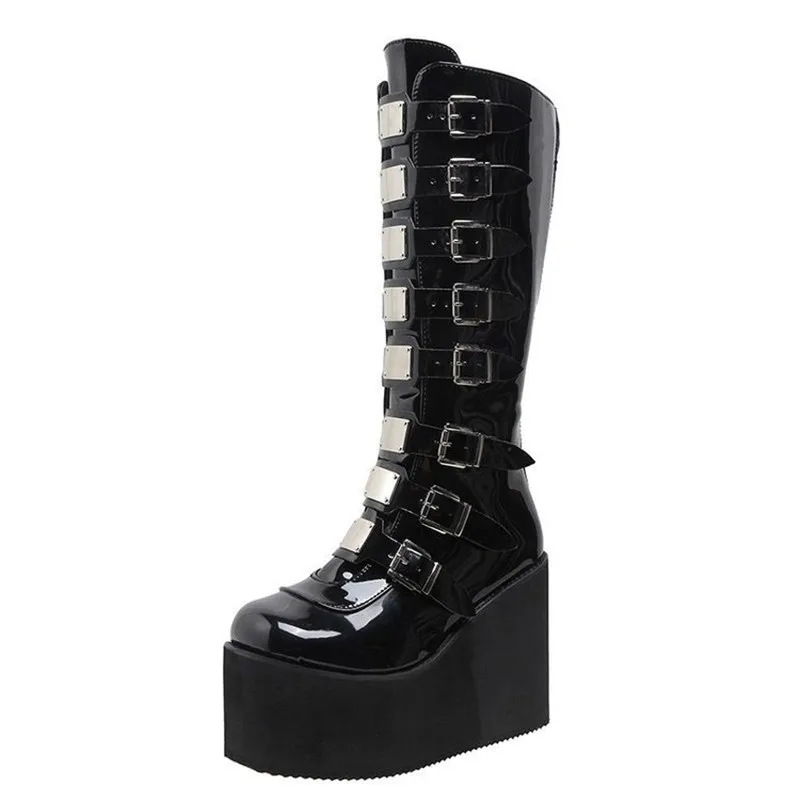Botas de Cosplay para mujer, hebilla de cinturón de varias filas, bota de caballero de cuero de tubo largo, zapatos de tacón alto negros clásicos góticos Punk hasta la rodilla